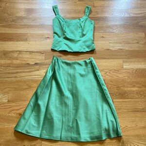 Fantastic green satin two piece formal top and skirt